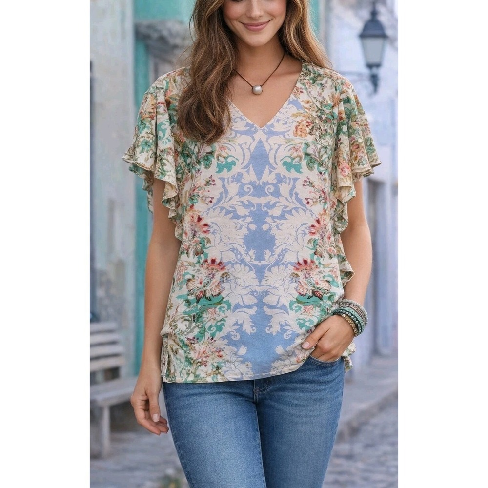 Sundance Ruffle Flutter Sleeve Floral Blouse XS V Neck Rayon Relaxed Boho Chic